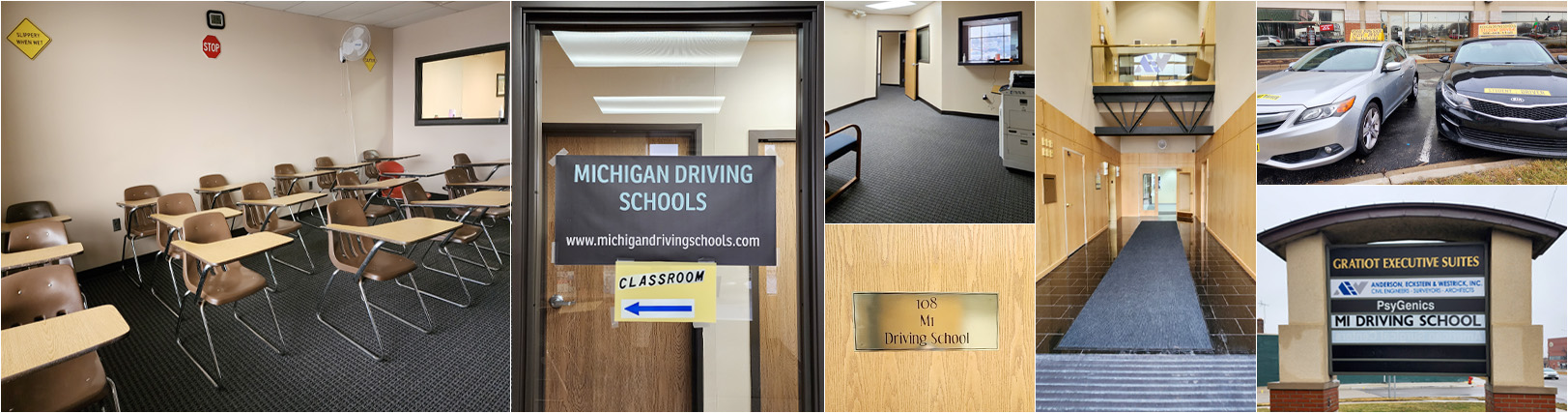 Photo collage and Michigan Driving Schools' rooms, sign, and vehicles